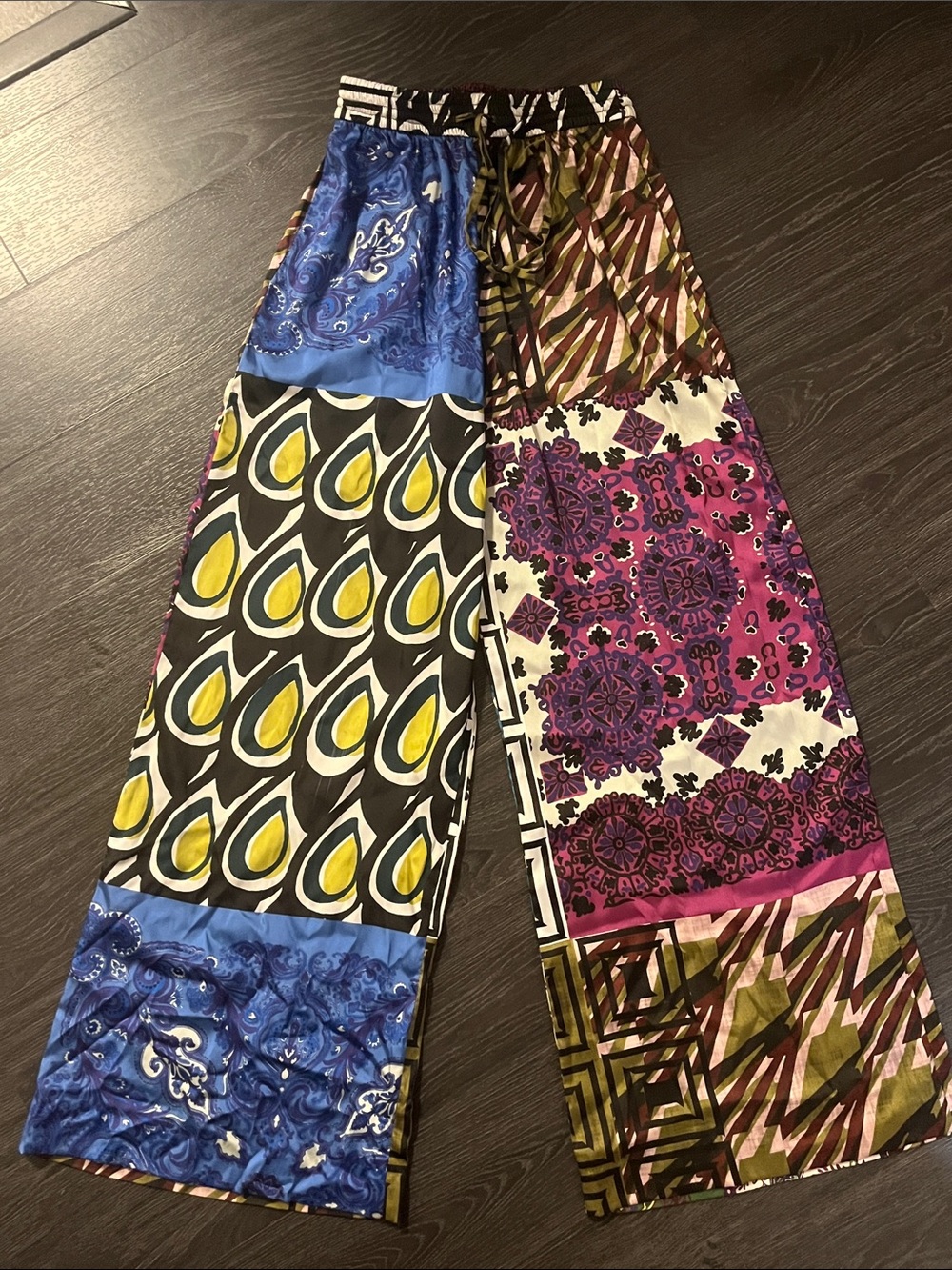 Zara Patchwork Wide-Leg Pants in Blue, Yellow, Pink, Green